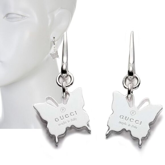 GUCCI EARRINGS STERLING SILVER BUTTERFLY DROP TRADEMARK LOGO - Picture 1 of 6